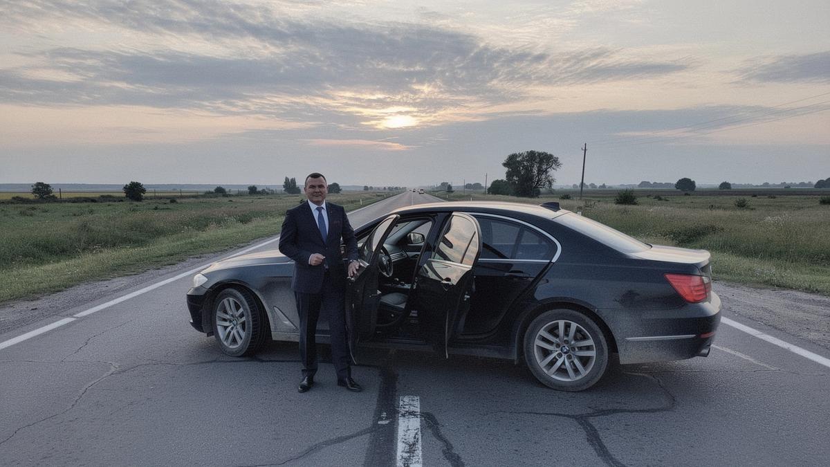 Chauffeur standing beside a sedan at a highway pull-off outside Kyiv before an intercity transfer